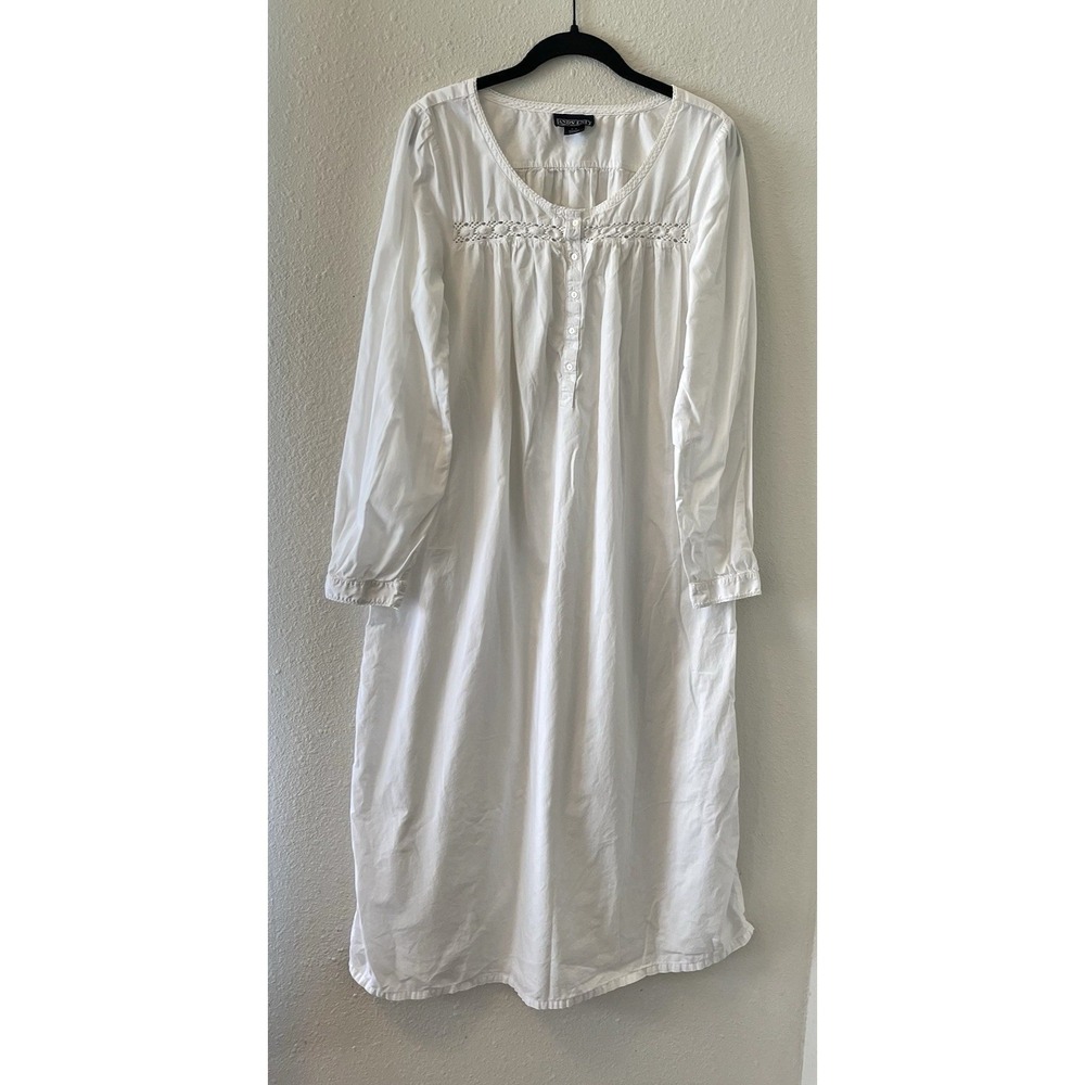 Lands End Cotton Nightgown Size Small White Maxi Long Sleeve Cottagecore